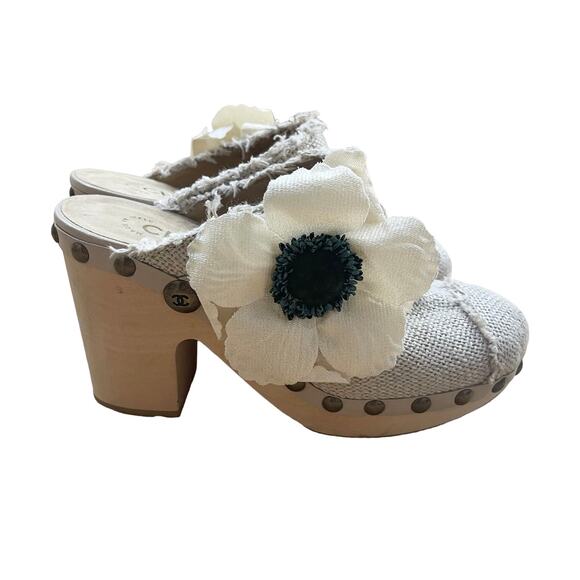 CHANEL Clogs Cream Canvas Studded Platform Mules Women’s Size 37 - Picture 1 of 16